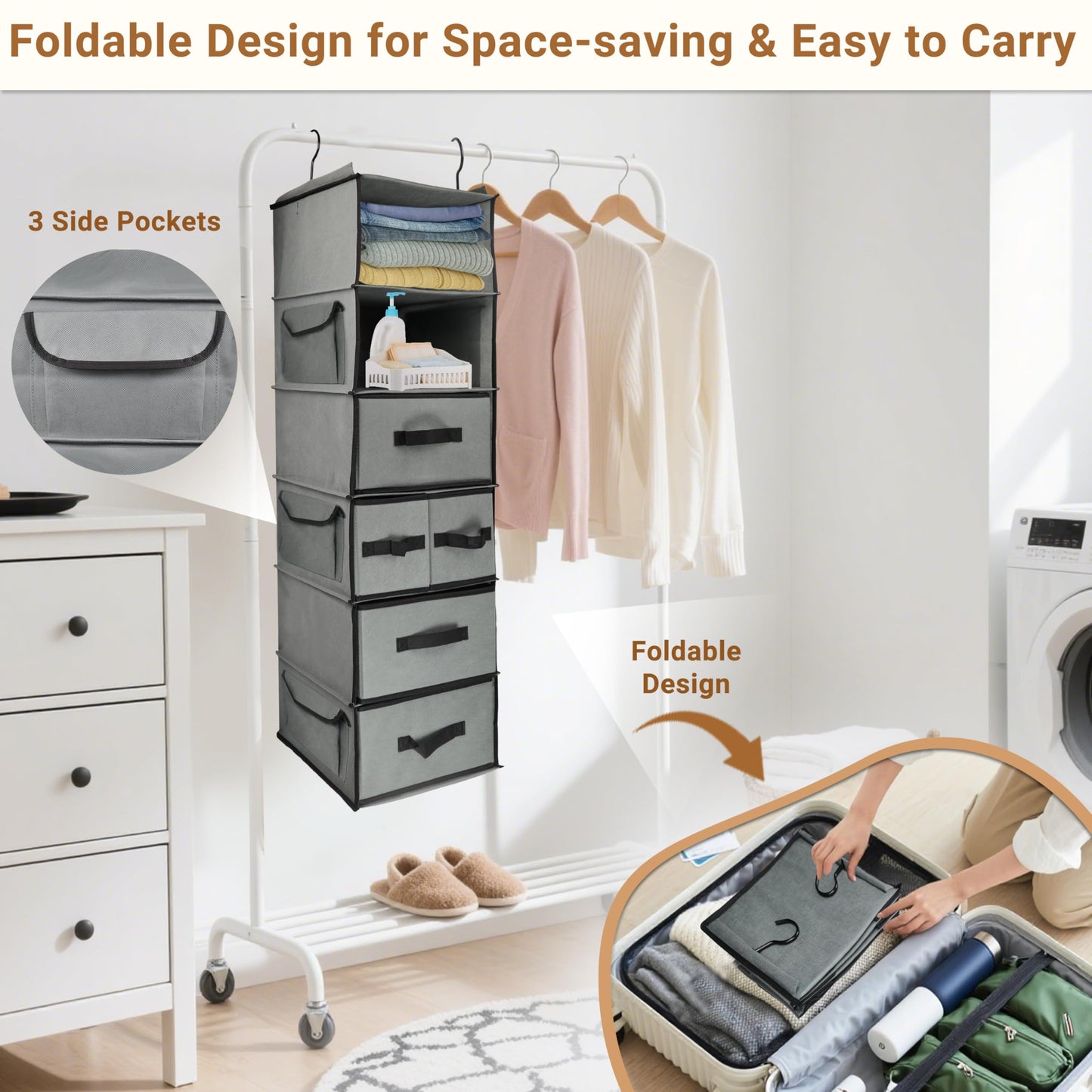 Durable 6-Tier hanging closet organizer with 5 Drawers & 3 Side Pocket,Thickened Fabric Hanging Shelves Holder with Sturdy Hook,Space-saving Storage Organization for Bedroom,Dorm,Guestroom,RV,Bathroom