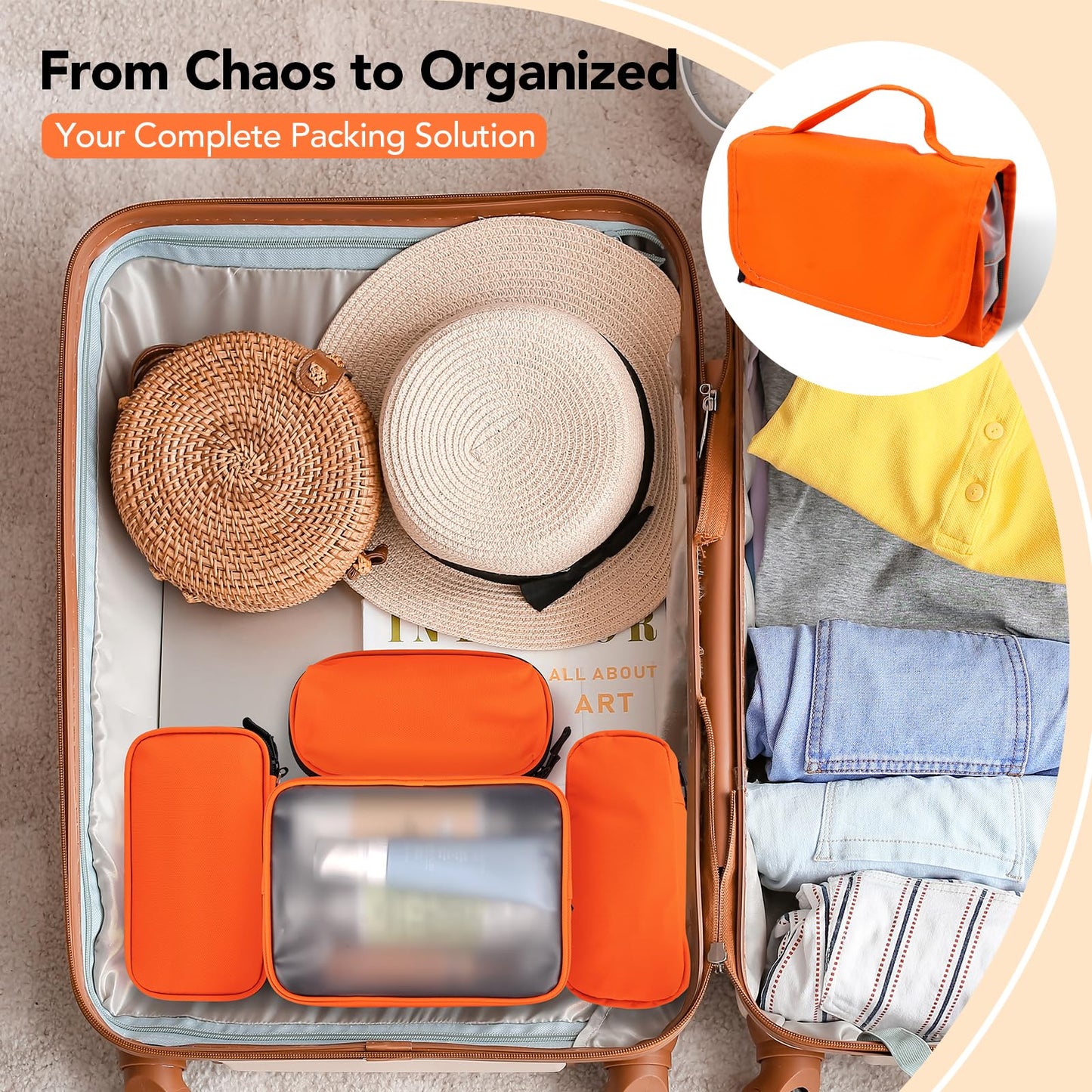 Idcymoul Travel Toiletry Bag Set for Women, Compact Size 5-Piece Hanging Organizer Kit with TSA Approved Cosmetic Bag, Jewelry Case & Cable Pouch, Waterproof Makeup Bag for Travel Essentials - Orange