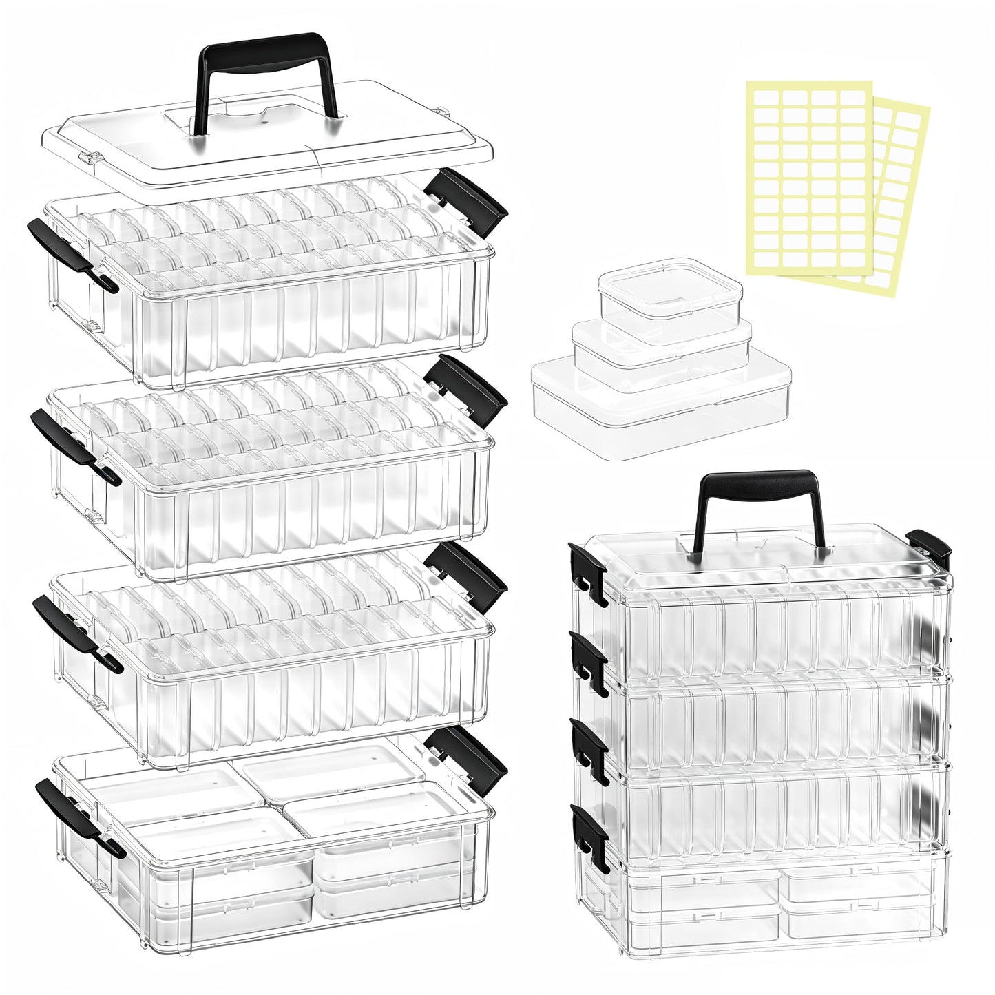 VANSUNS Stackable Bead Storage Organizer, 88 Small Plastic Containers with Lids, 4-Layer Clear Bead Organizer Box, 3 Sizes, Portable, for Jewelry and Crafts