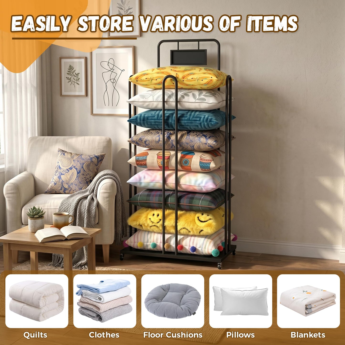 Rolling Pillow Storage Rack, Pillow Display Stand with Sign Holder, Metal Pillow Holder, Commercial Throw Pillow Rack, Cushion and Pillow Tower Storage Stand for Home, Retail, Malls, Hotels, Schools