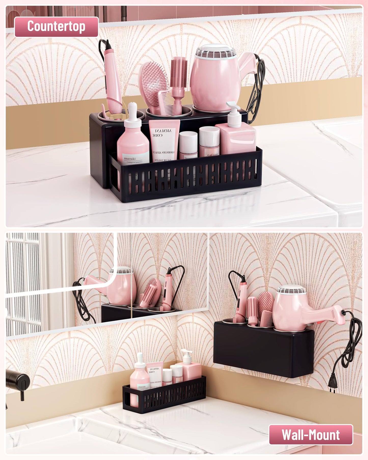 LATTYSY Hair Tool Organizer, Detachable Hair Dryer Holder with 3 Stainless Steel Cups, Wall Mounted Bathroom Organizers and Storage for Accessories, Curling Irons, Straighteners, Toiletries, Makeup
