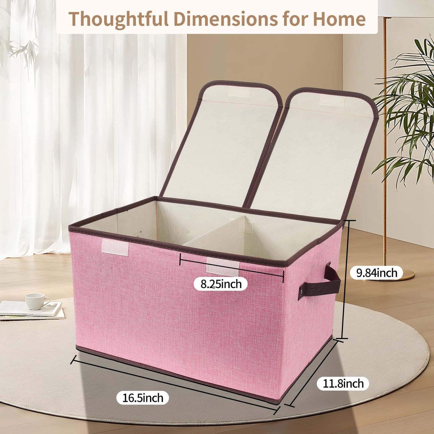 Tcbelosion Foldable Fabric Storage Box with Double-Lid & Dividers, Large Organizer for Home, Closet, Office (Pink, 2 Packs)