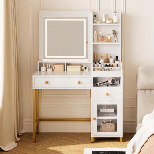 Garvee Vanity Desk with Lighted Mirror Adjustable Brightness & Power Outlet, Makeup Vanity Table with 2 Drawers and Shelves, White and Gold Vanity, Dressing Table for Women & Girls