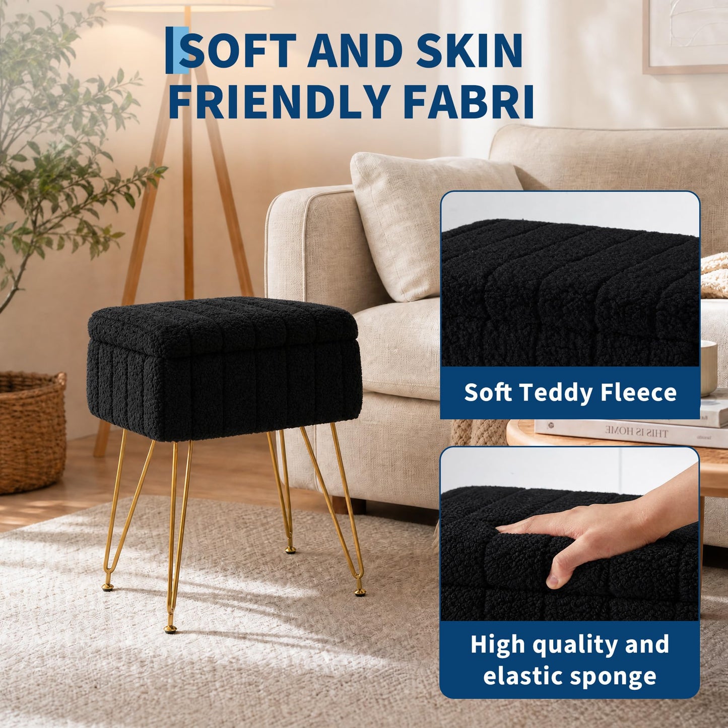 Garvee Vanity Stool with Storage, Faux Fur Ottoman with Metal Legs and Anti-Slip Feet, 15.7 x 11.8 x 18.7 Inches Soft Furry Padded Seat Foot Rest for Makeup Bedroom Living Room
