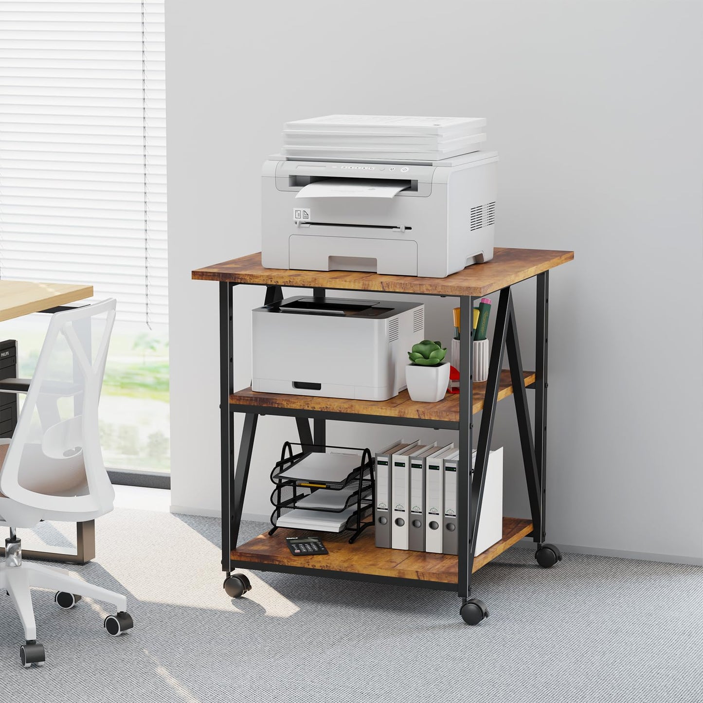Arbuxzuy 3-Tier Printer Stand, Large Printer Table with Storage, Industrial Printer Storage Cart with Wheels, Rolling Printer Stand for Heat Press Scanner Fax, Brown