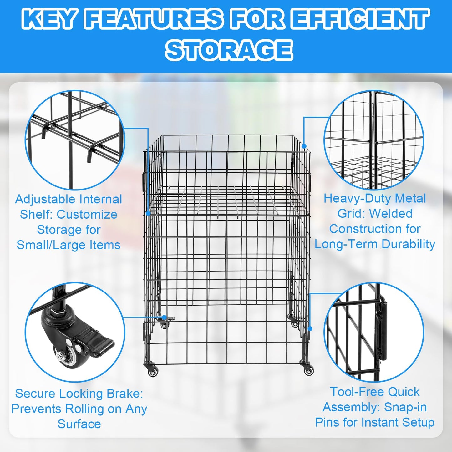 Leinuosen Heavy Duty Metal Rolling Dump Bin with Adjustable Internal Shelf and Locking Casters, Retail Display Storage Basket for Store Warehouse Donation Inventory Organization(24 x 24 x 34 Inches)