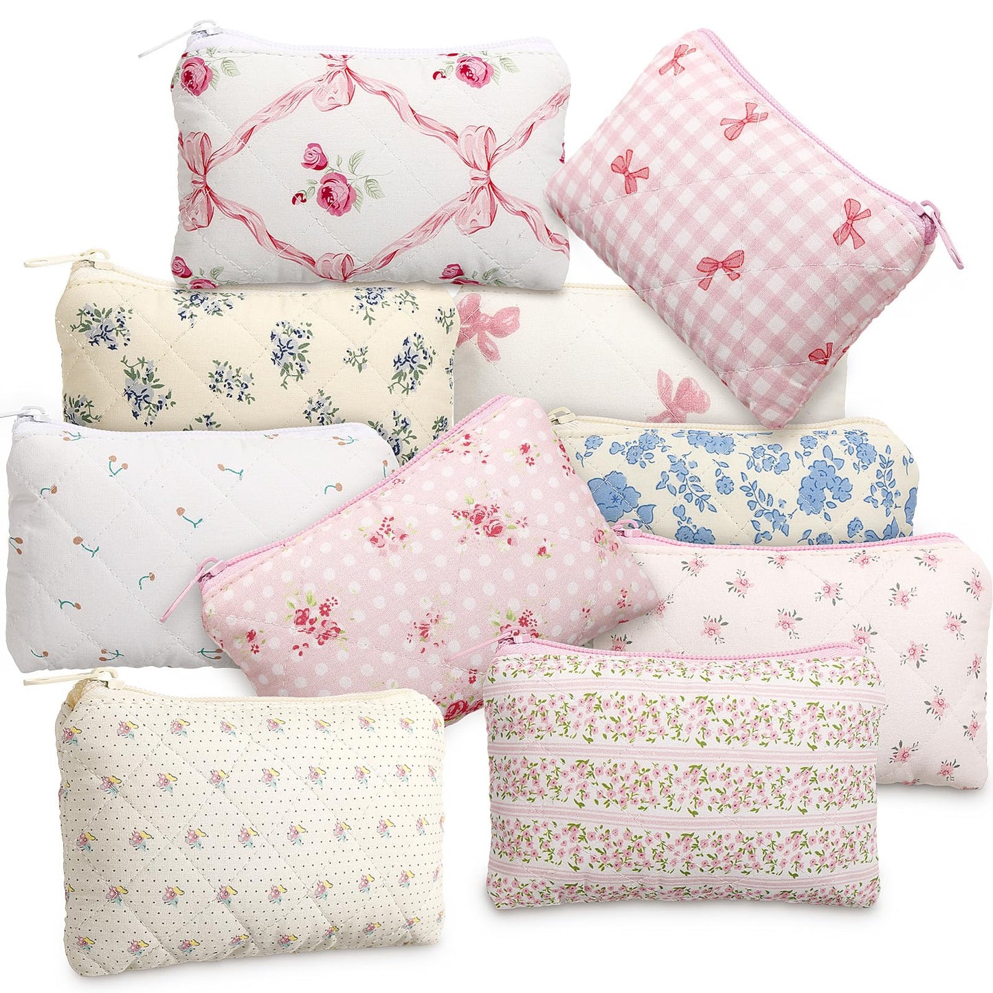 Paterr 10 Pcs Quilted Makeup Bag Bulk Cotton Floral Cosmetic Bag Women Girls Bridesmaid Gifts Cute Makeup Pouch Coquette Aesthetic Travel Toiletry Organizer(Bow Floral,6.30 x 3.94 Inches)