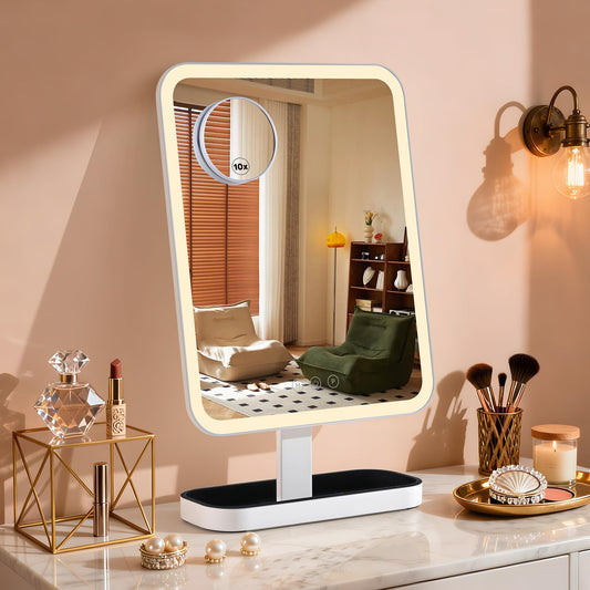 DASLAVA Vanity Mirror with Lights, Storage Hollywood Mirror, 1/10X Magnifing, 3 Colors Lights & Adjustable, Lighted Up Mirror for Makeup Desk, Bedroom, Dressing Room, （19.7" X 12" White） Plug in