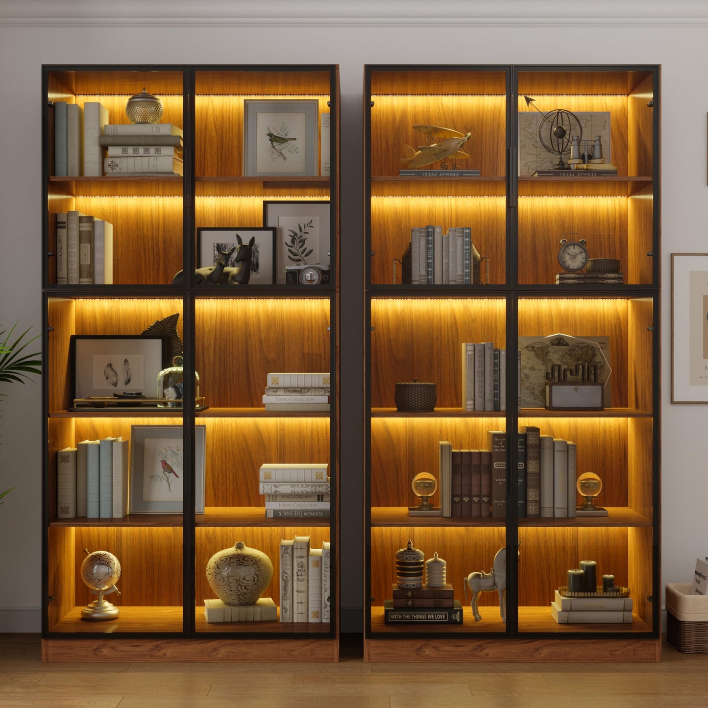 Bobve 78.7" Display Cabinet with 4 Glass Doors,5 -Tier Storage Cabinet with APP Control LED Lights,Tall Walnut Bookcase with Storage,Wooden Display Case for Collectible,Living Room,Office (Walnut)