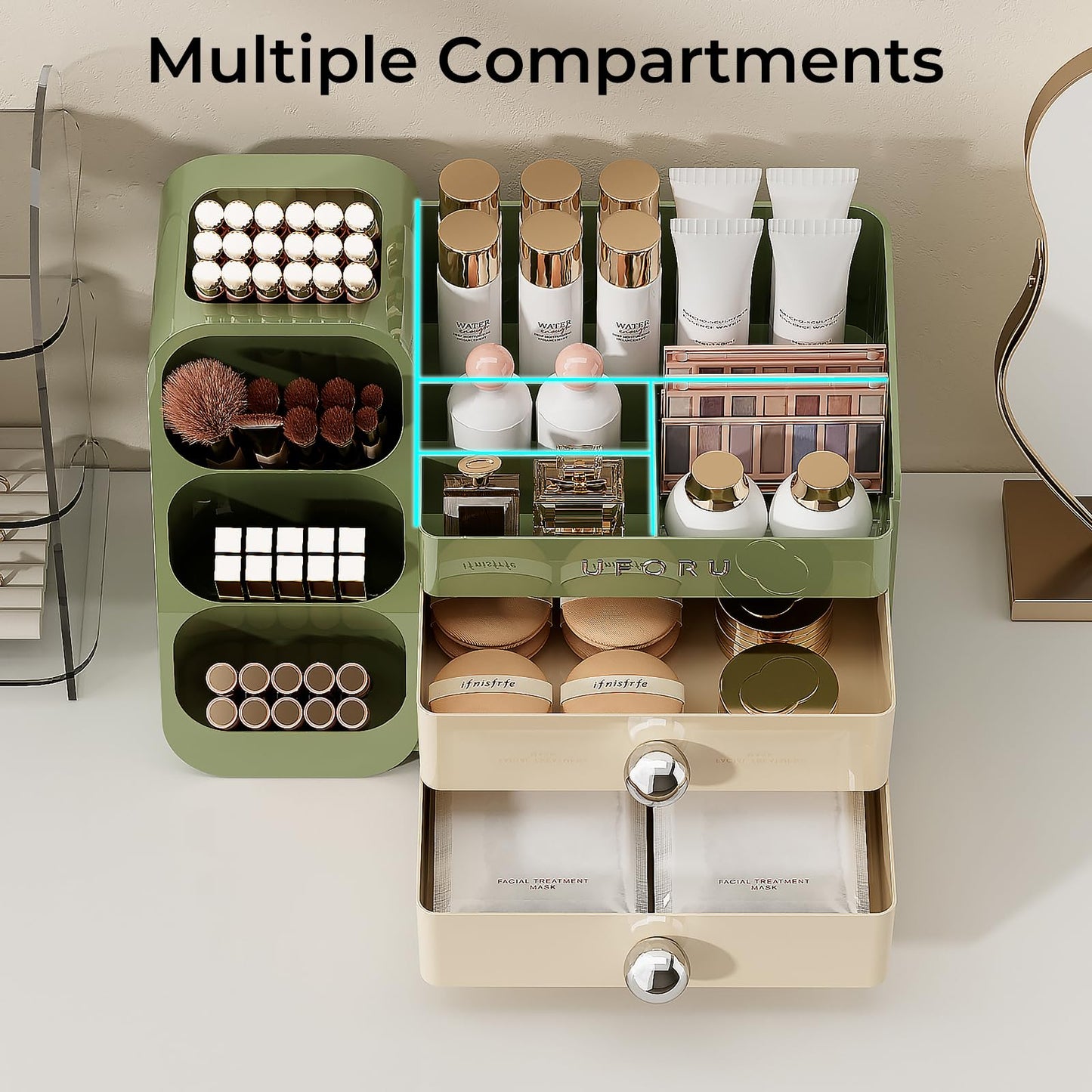 UFORU Makeup Organizer for Vanity with Brush Holder, Large Capacity Bathroom Countertop Skincare Organizer with 2 Drawers, Cosmetic Display Case for Perfumes, Eyeshadow Palettes, Nail Polishes
