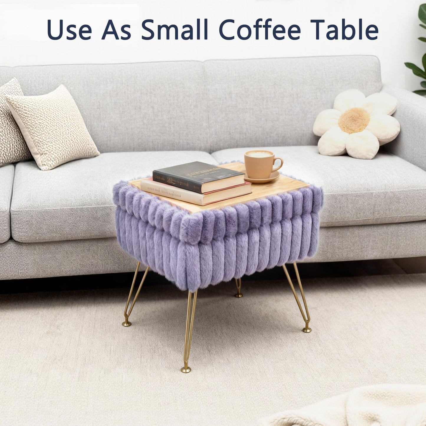 xupersodys Vanity Stool Chair with Storage, Faux Fur Soft Padded Ottoman with Coffee Table, Modern Vanity Chair Fluffy Footstool with Metal Legs for Makeup, Living Room,Bedroom Purple