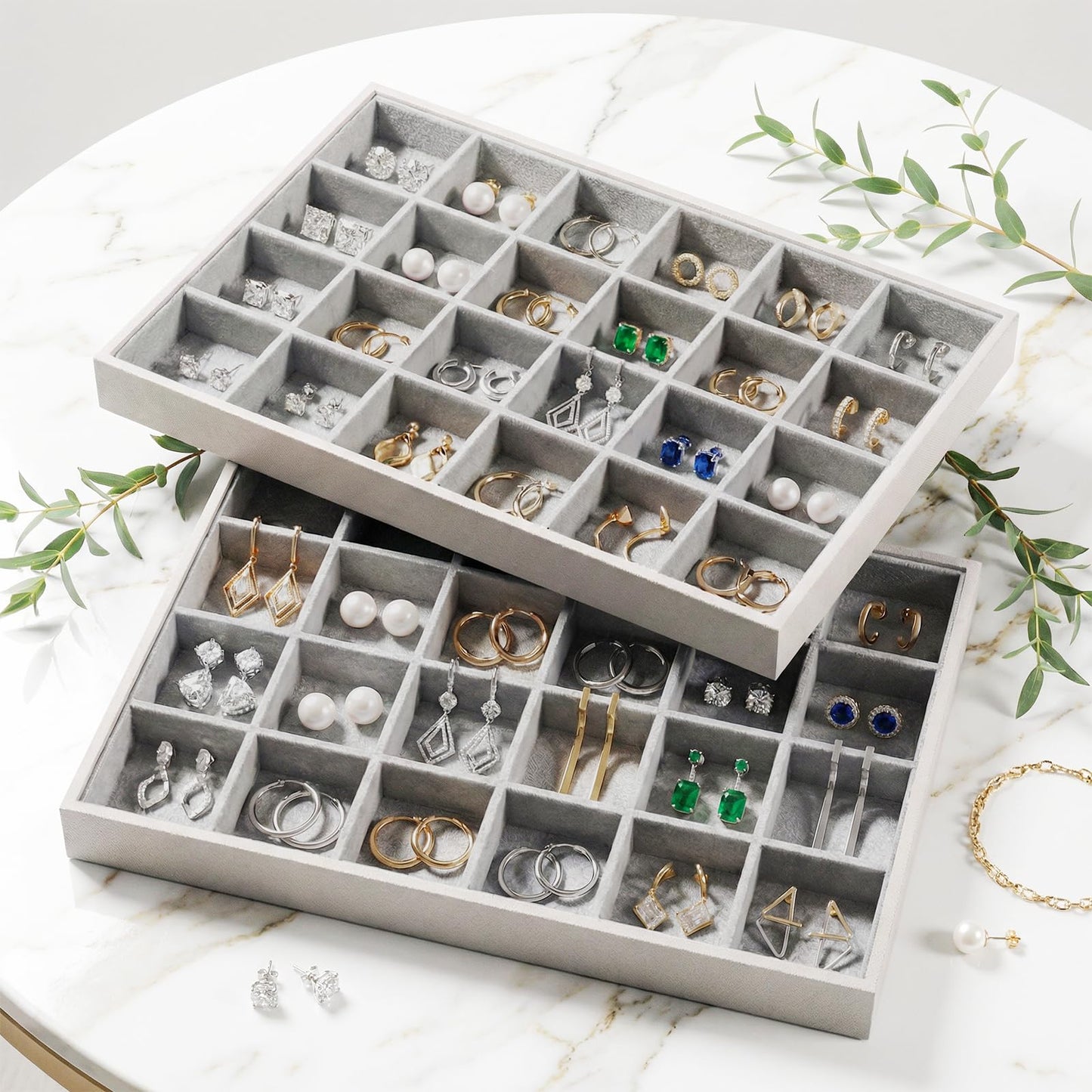 Gghenda 2-Piece Gray leather Stackable Jewelry Organizer Tray Set, Bracelet Ring Earring Holder Box, Necklace Display Stand for Storage and Retail Display (24 Grids)