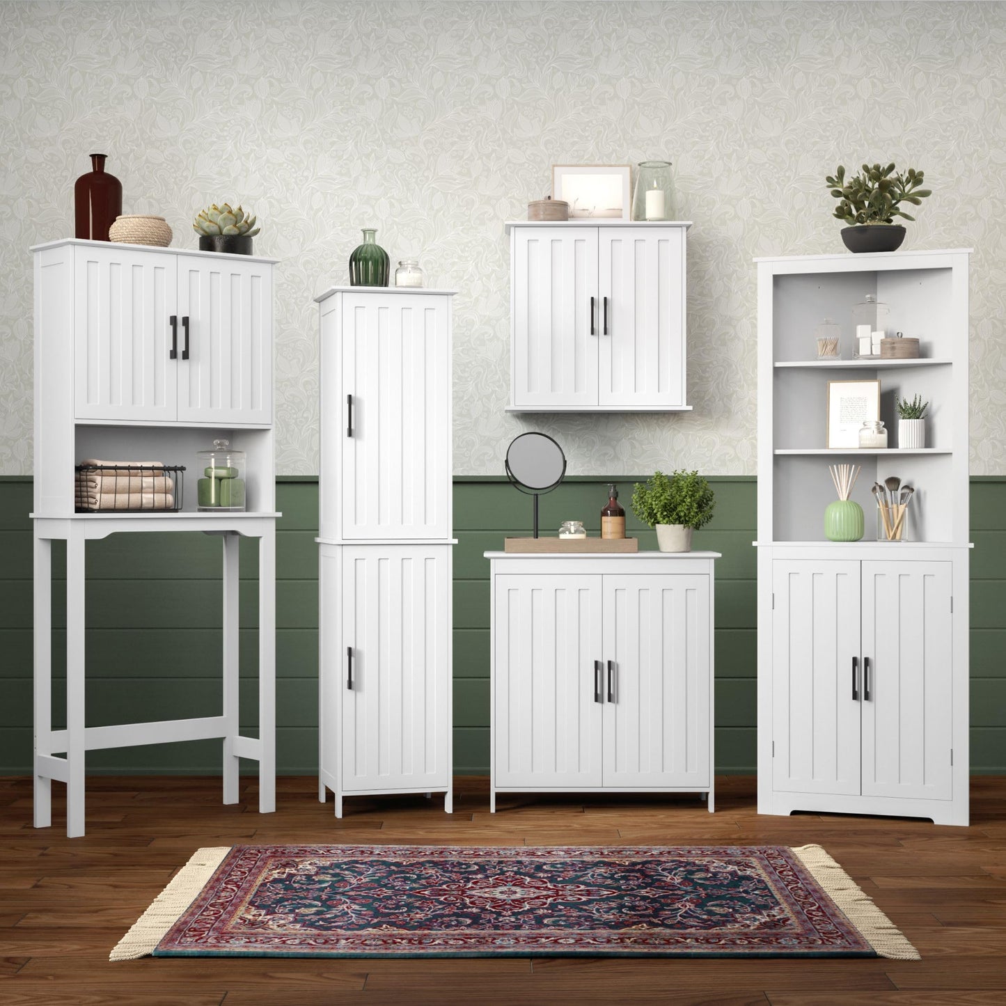 RiverRidge Monroe Two-Door Floor Storage Cabinet - Bathroom Storage Cabinet with Adjustable Shelves - Soft-Close Doors White Finish with Matte Black Handles