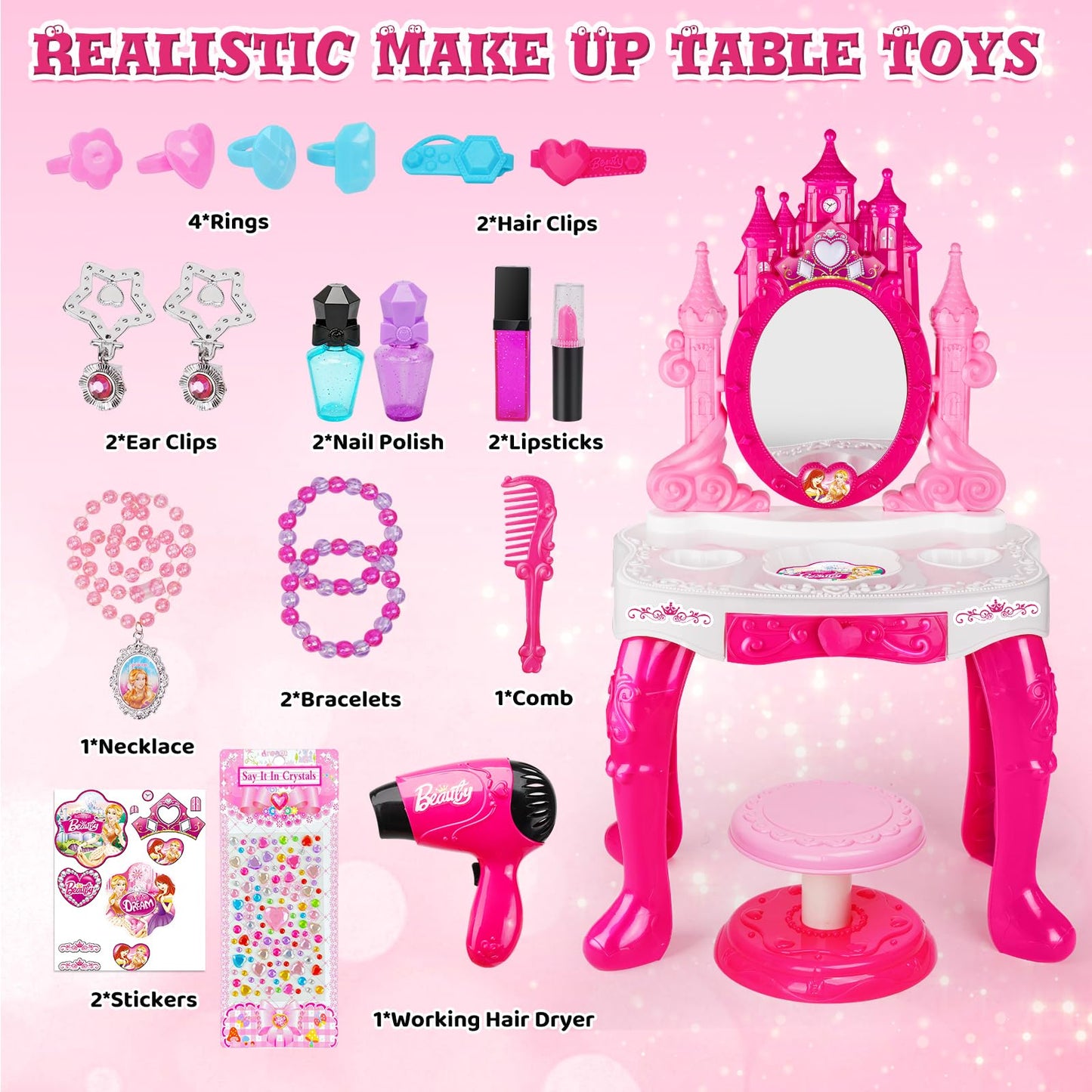 Easface Kids Vanity for Girls, Toddler Makeup Vanity Table and Chair Set Set Toys with Music Light, Pretend Play Princess Dress Up Playset Gift for Toddler Girls 3 4 5 6 Years Old