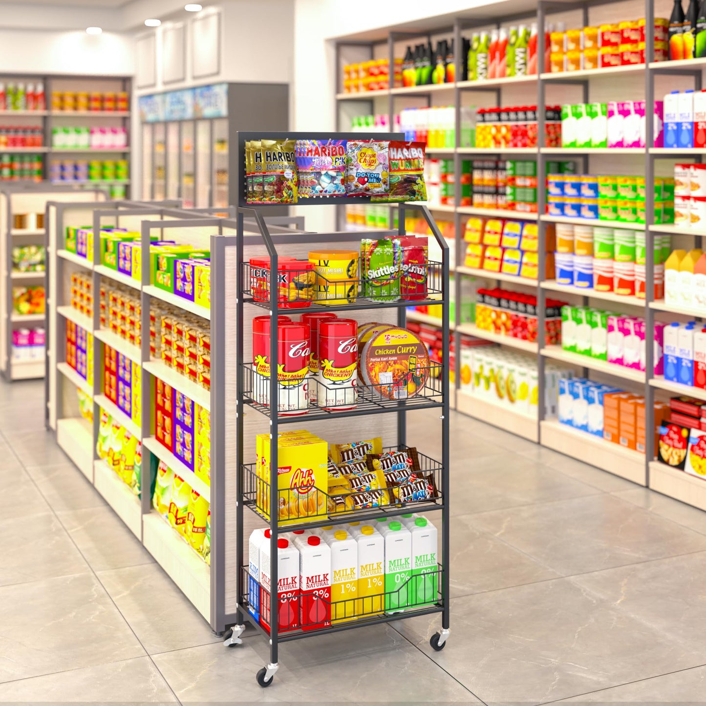Fitzkor 4 Tier Supermaket Storage Rack, Snack Rack Display Stand, Retail Display Organizer Stand with Hooks & Wheels, Metal Snack Shelf for Store Home Kitchen, Black Chip Rack Display Stand (4 Tier)