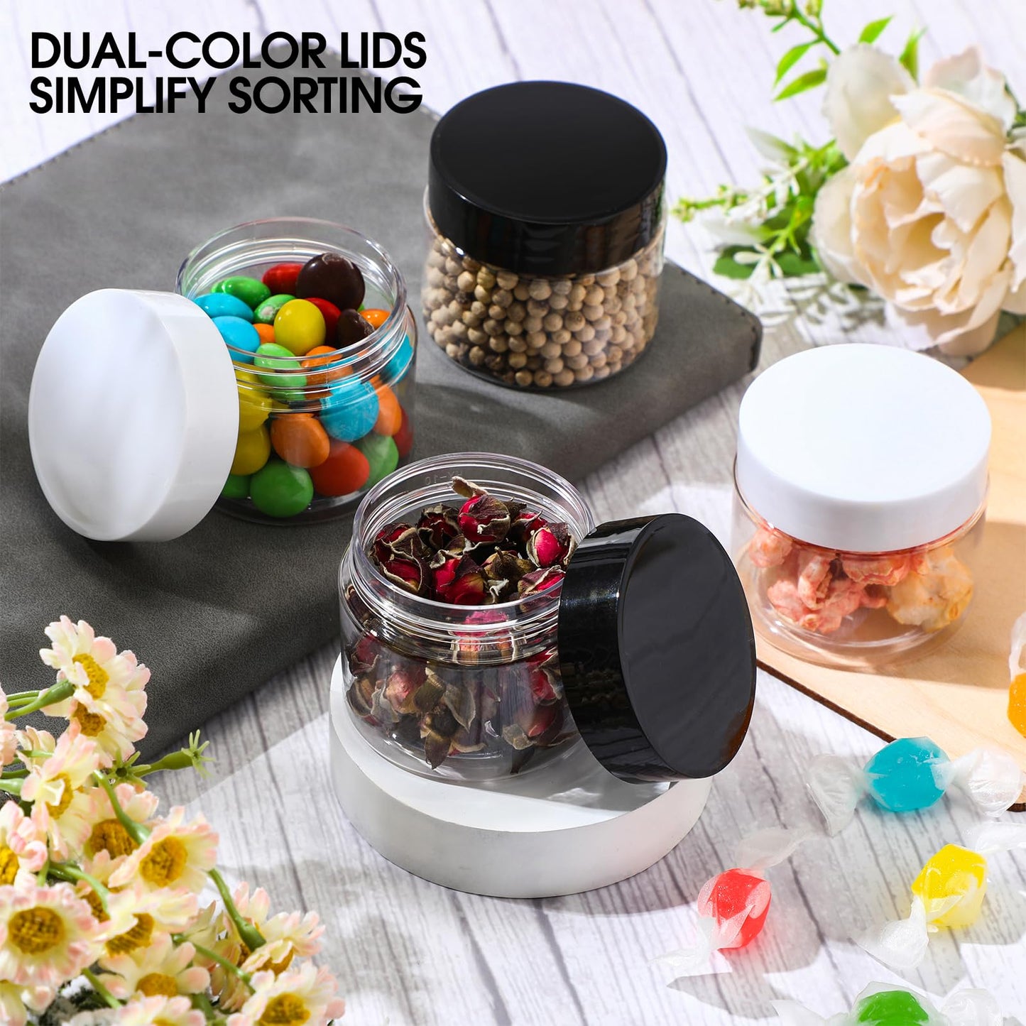 Meanplan 100 Pcs 2 oz Plastic Jars with Lid Mini Mason Jars with Lids Clear Round Cosmetic Container for Travel Storage, Lotion, Cream, Kitchen Use, DIY(Black, White, Pp)