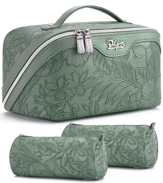 BOYATU Travel Makeup Bags Cosmetic Organizer Bag: 3-Set Large Capacity Make up Bag - PU Leather Toiletry Bags for Women - Wide Open Portable Pouch with Divider & Handle (03-Green-2)