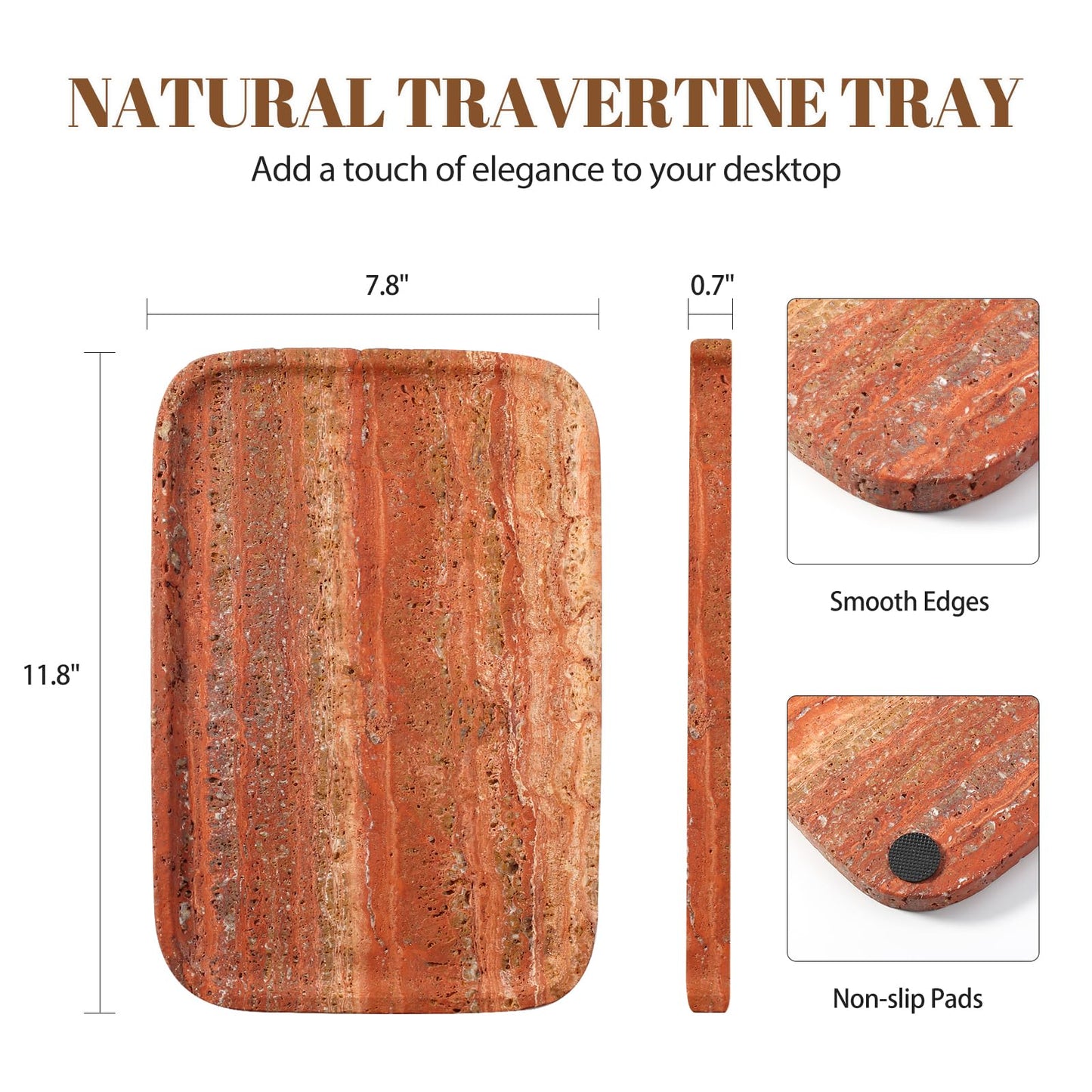 Koville Red Travertine Tray, 12"x8" Natural Stone Vanity Tray for Countertop Bathroom Kitchen Dresser, Decorative Marble Catchall Trays for Perfume Jewelry, Rectangular Serving Tray