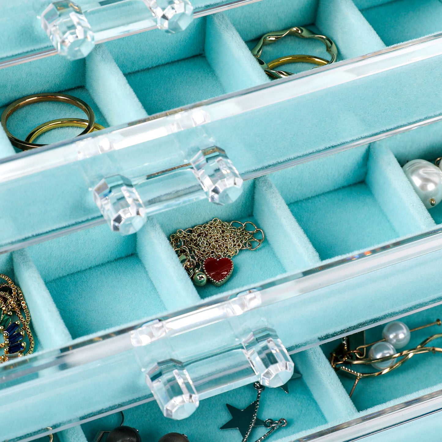 Frebeauty Acrylic Jewelry Organizer Earring Organizer Box with 5 Drawers Earring Holder Organizer with Velvet Trays Clear Jewelry Box for Women Earring Display for Rings Studs(Turquoise)