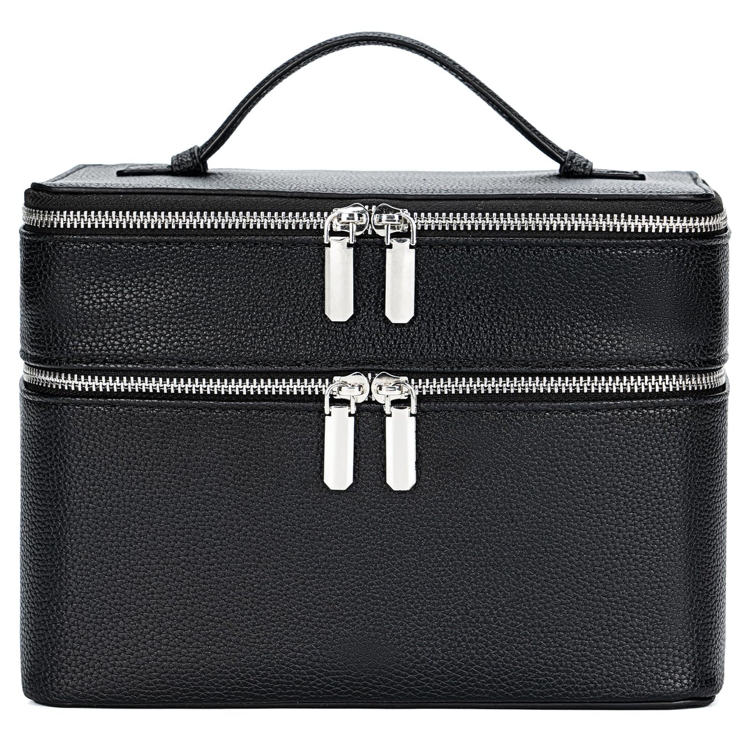 BAGOK Double Layer Makeup Vanity Case, Large Capacity Cosmetic Bag with Removable Divider & Brush Organizer, Travel Toiletry Bag for Women, Portable PU Leather Organizer with Handle