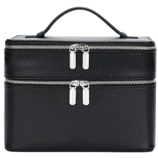 BAGOK Double Layer Makeup Vanity Case, Large Capacity Cosmetic Bag with Removable Divider & Brush Organizer, Travel Toiletry Bag for Women, Portable PU Leather Organizer with Handle