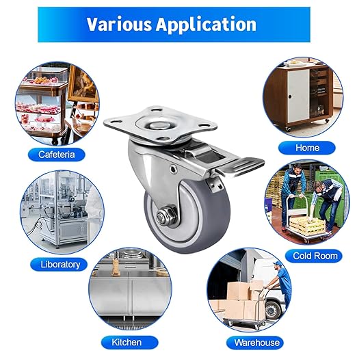 2 Inch Stainless Steel Caster Wheels Set of 4, Anti-Rust Swivel Casters with Brake, Silent and Floor-Friendly Thermoplastic Rubber Wheels for Furnitures,Labs,Hospitals,Restaurants