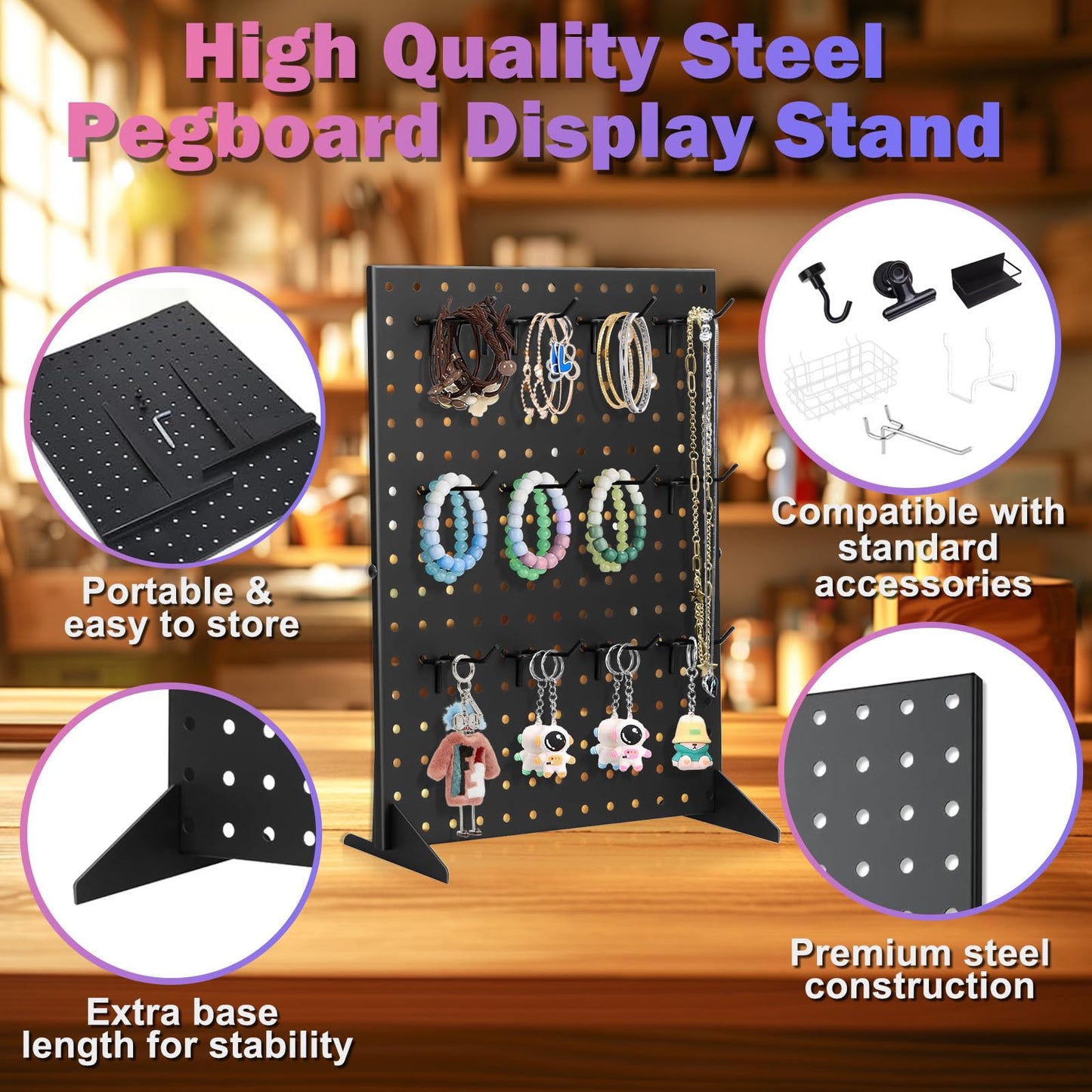 Peg Board Display Stand for Vendors with 12 Hooks Metal Tabletop Pegboard Display Stand for Craft Shows 17" X 13" Retail Display Racks Peg Board Organizer Holder Black