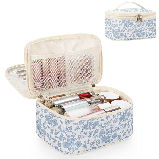 Relavel Travel Makeup Bag, Large Floral Cosmetic Bag with Makeup Brush Compartment, Portable Makeup Pouch for Women, Double Layer Makeup Organizer Bag Cute Toiletry Bag