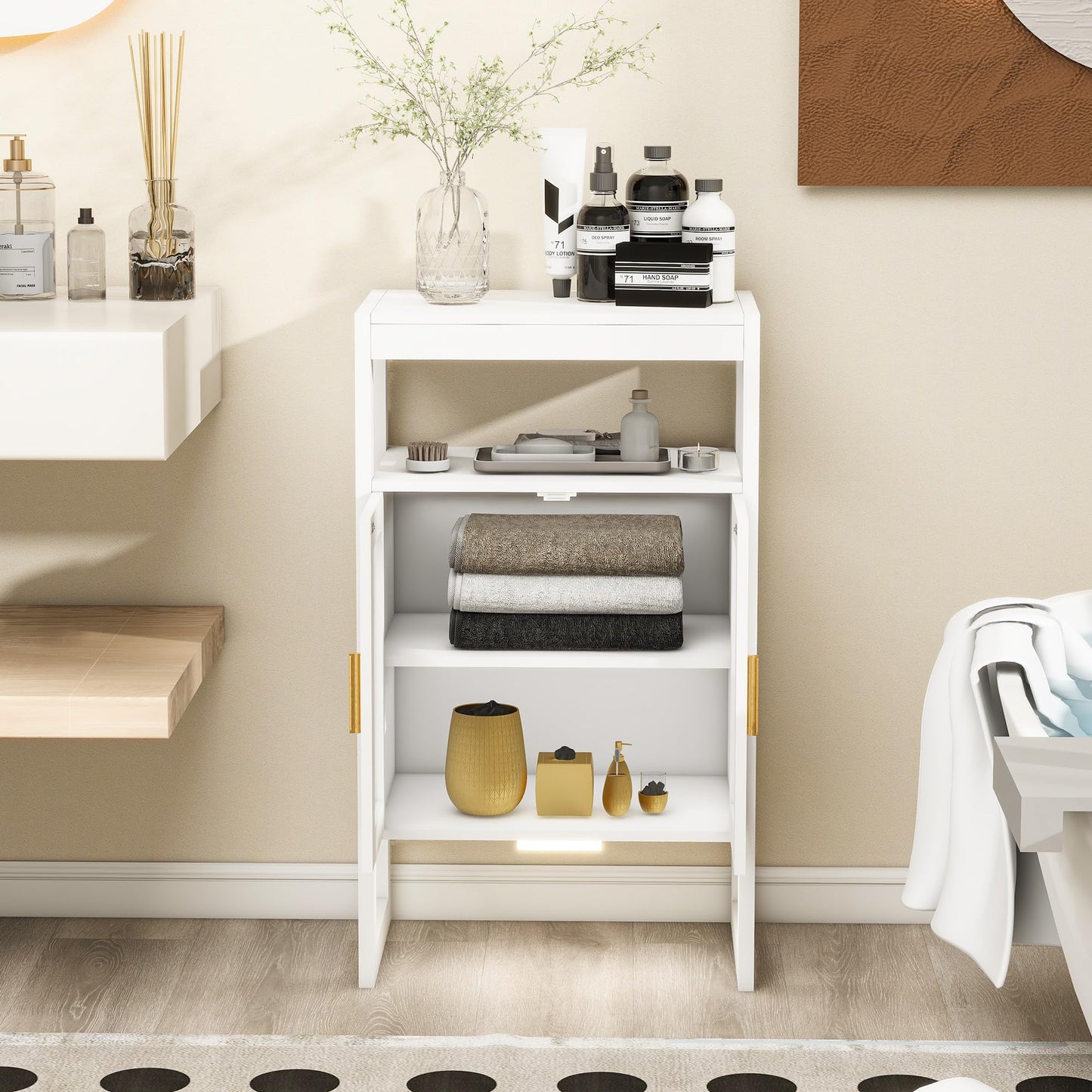 Bathroom Storage Cabinet with Motion Sensor Light and 2 Doors, White