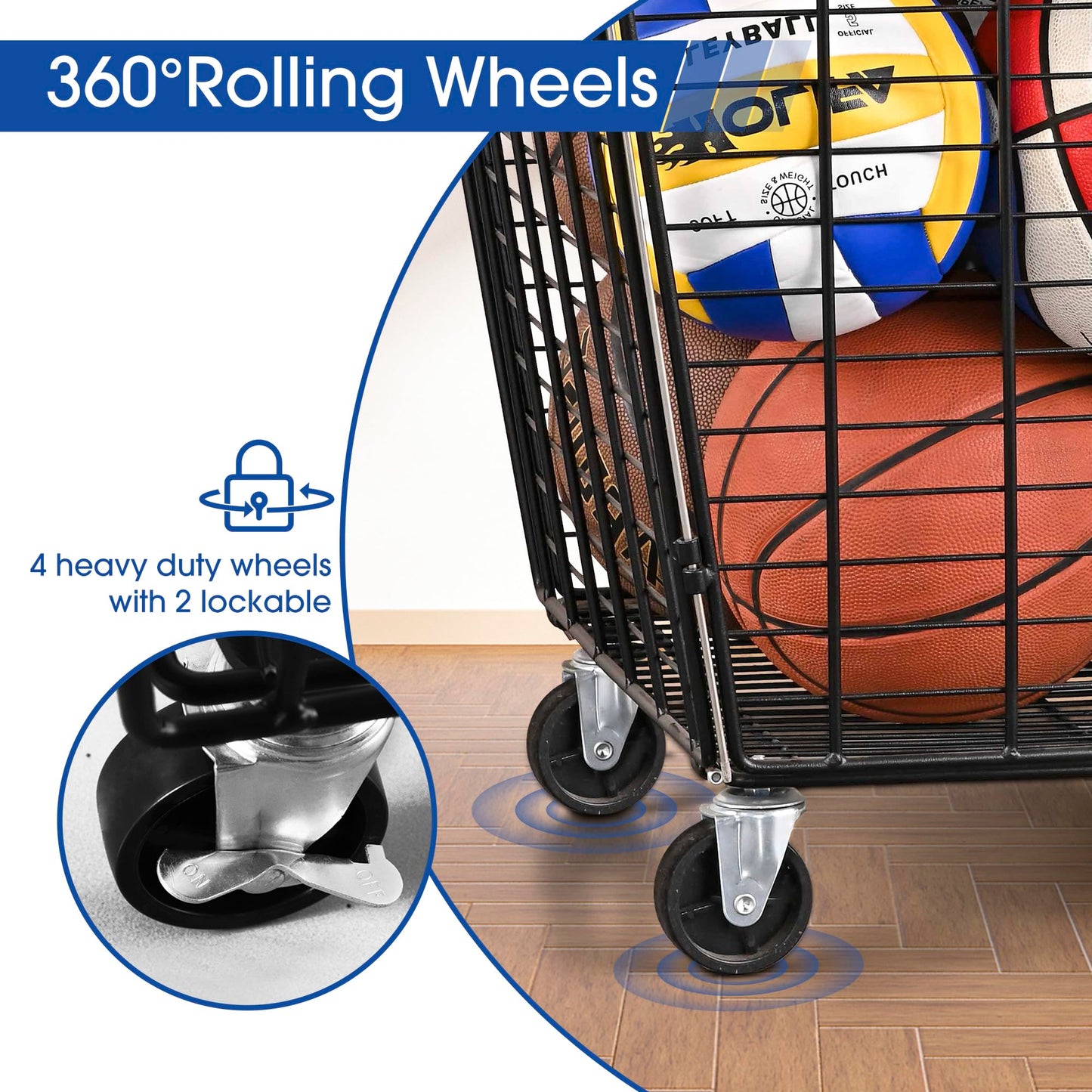 Mythinglogic Rolling Ball Storage Cart, Sports Equipment Storage Organizer for Garage/Basement/Entryway, Ball Storage Bin with Casters (Extra Large)