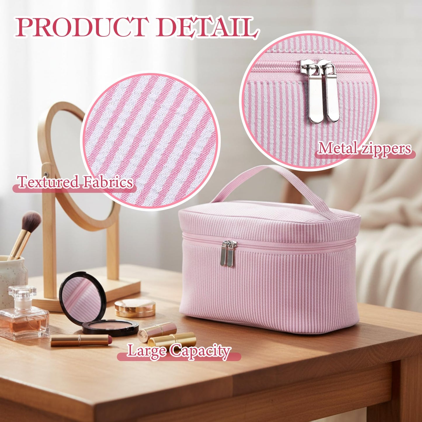 Huhumy Large Makeup Bag for Women Toiletry Bag, Aesthetic Cute Seersucker Cosmetic Pouch, Teen Gift for Her Mom Girlfriend Wife Teacher Aesthetic Skincare Brushes Storage Organizer(Pink)