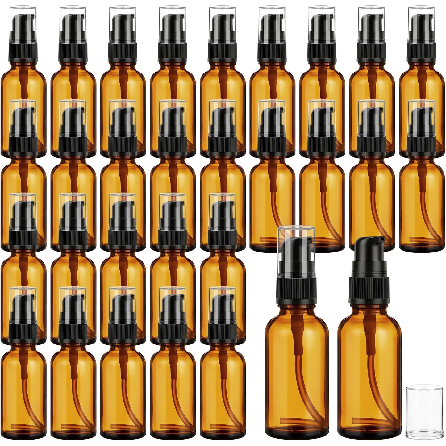 Roshtia 30 Pack 1oz Amber Glass Pump Bottles with Black Pump, Refillable, Leak‑Proof, 30ml Empty Travel Size Small Containers for Lotion, Cream, Essential Oils, Aromatherapy Liquids and More