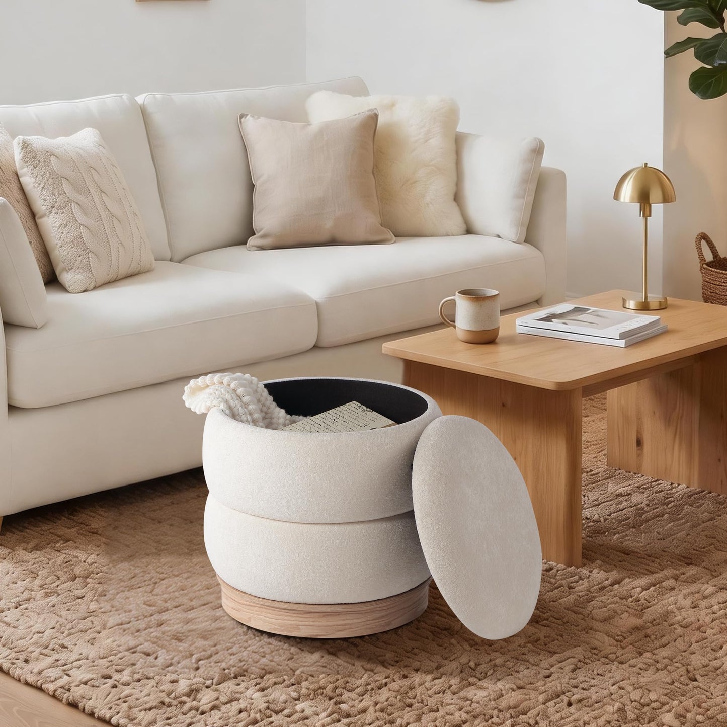 Get Set Style Round Ottoman with Wooden Base, Storage Vanity Stool for Makeup, Upholstered Footrest Stool Ottoman Foot Stool for Living Room, Bedroom