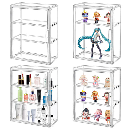Montex Acrylic Display Case for Collectibles 3 Tier, Figure Display Case with 2 Movable Plates, Dustproof Showcase for Collectibles, Clear Display Case for Figures(4 Pack)
