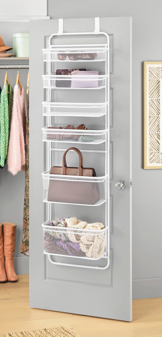 Whitmor Over The Door Organizer Storage, 6 Tier Hanging Door Organizer with Metal Frame & Mesh Baskets, Heavy Duty Behind Door Storage for Pantry, Bathroom, Closet, 17.7"W x 7.9"D x 67"H, White