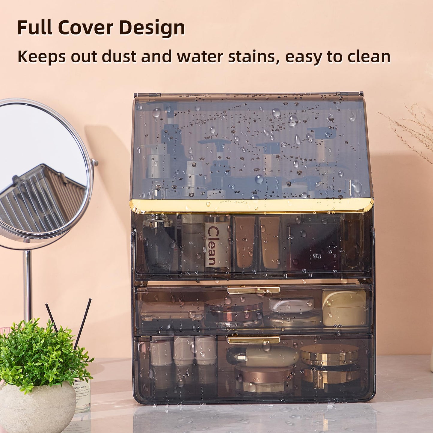 Large 3-Tier Makeup Organizer with Drawers and Lipstick Holder, Dustproof Waterproof Skincare Storage Box for Bathroom Countertop, Vanity Cosmetic Organizer,Clear Black