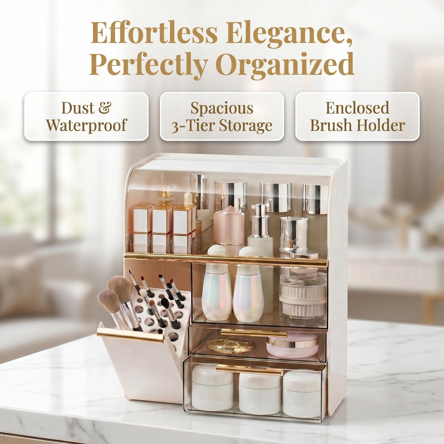 Large Cosmetic Display Case with Brush Holder,Holds 40+ Skincare & Beauty Essentials,6 Compartments & 2Drawers,Acrylic Makeup Dustproof Transparent Design