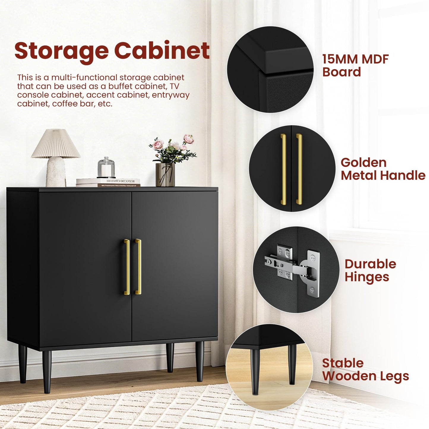 Fkhouse Black Buffet Cabinet, Free Standing Sideboard with Storage, Wood Accent Cabinet with Doors,Modern Credenza, Sideboard Storage Cabinet for Living Room, Dining Room(1, Black & Gold)