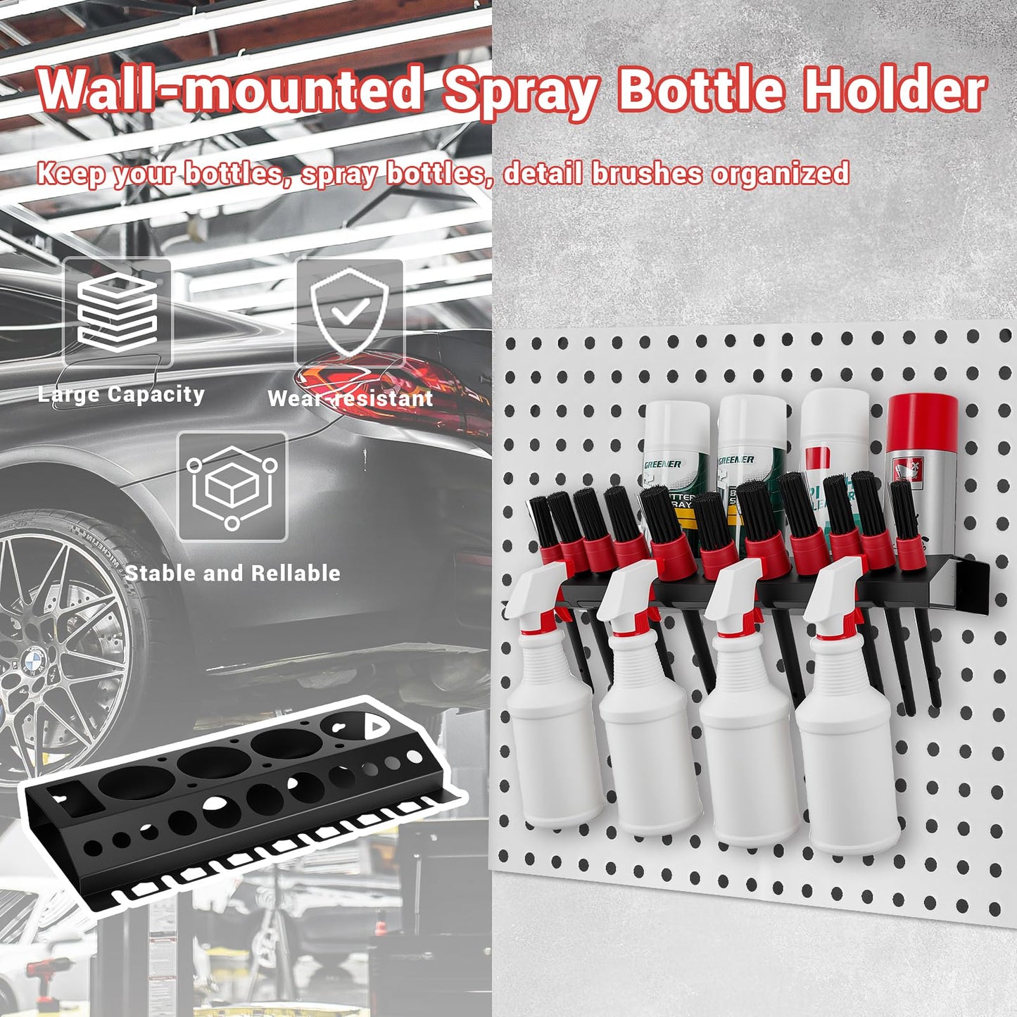 Car Cleaning Brush and Spray Bottle Storage Rack, Wall Mount Bottle Organizer Detailing Brush Organizer Holder，Car Beauty Shop Accessory Display，Spray Containers Tool for Auto Repair Shops Garages