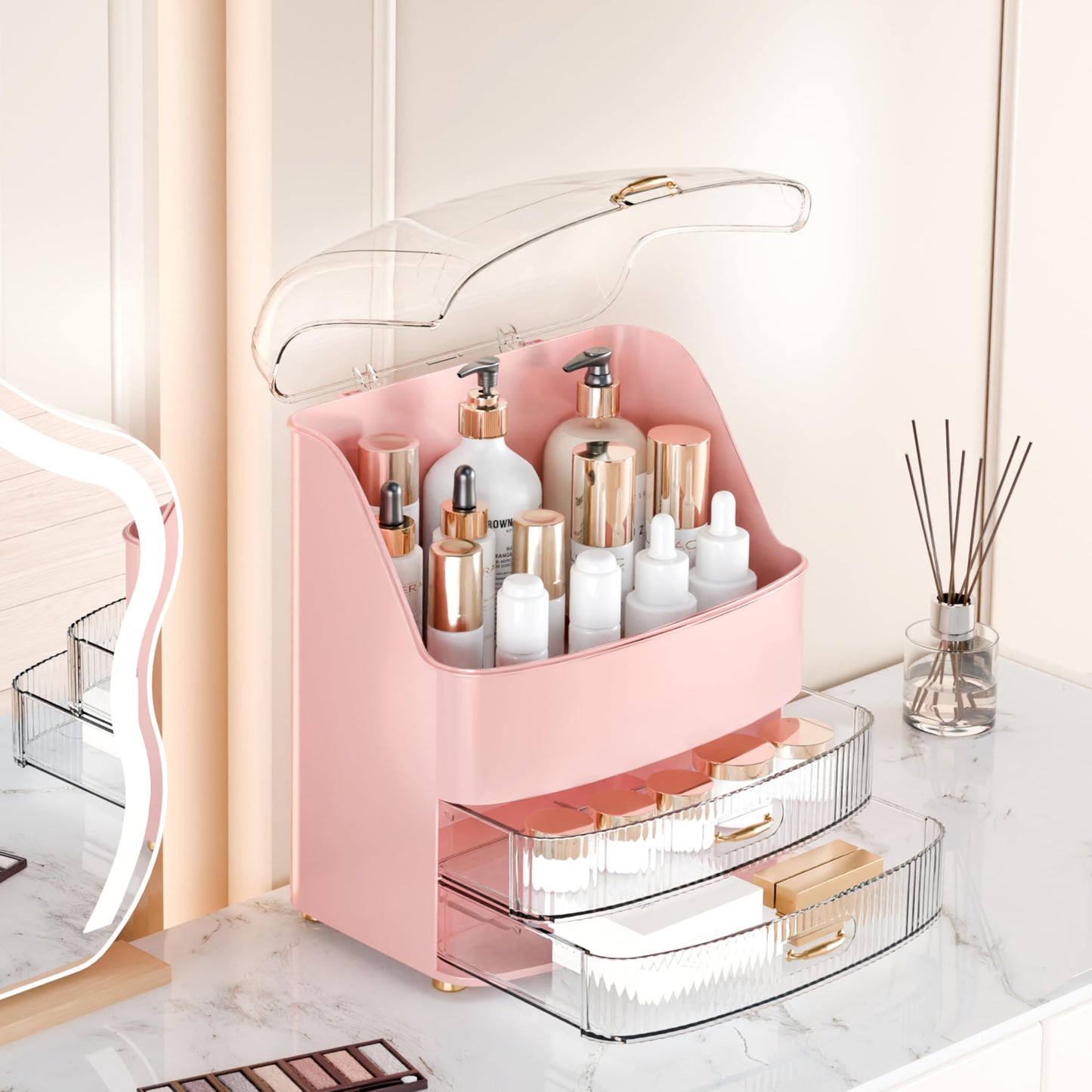Plukers Makeup Organizer Countertop Vanity with Transparent Lid Drawers Waterproof Dustproof Cosmetic Skincare Bathroom Storage Gift for Women Teens Girls (Pink)