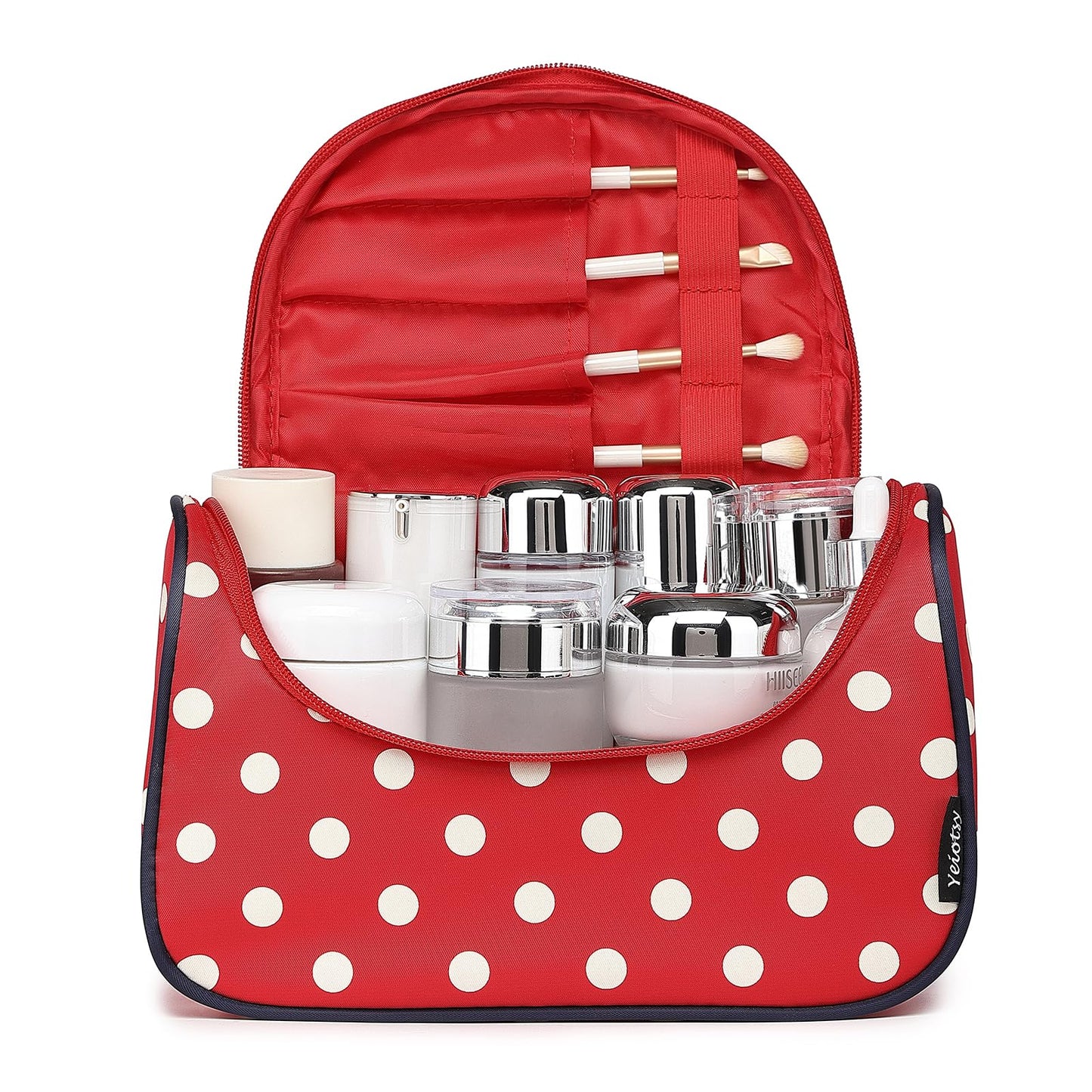 Yeiotsy Travel Cosmetic Bag for Women – Polka Dot Makeup Bag Organizer & Hanging Toiletry Bag (Classic Red)