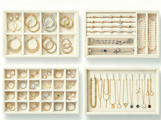Velvet Jewelry Drawer Organizer Trays, 4 Pack Stackable Jewelry Storage Inserts Set, Beige Jewelry Tray Set with Removable Dividers for Earrings, Necklaces, Rings, Bracelets for Vanity & Dresser