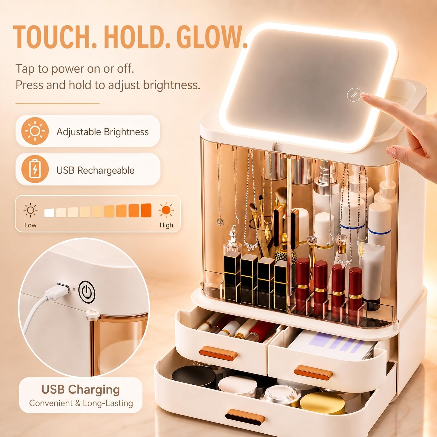 Mwykzrt Makeup Organizer with LED Mirror, Cosmetic Display Cases, Off White