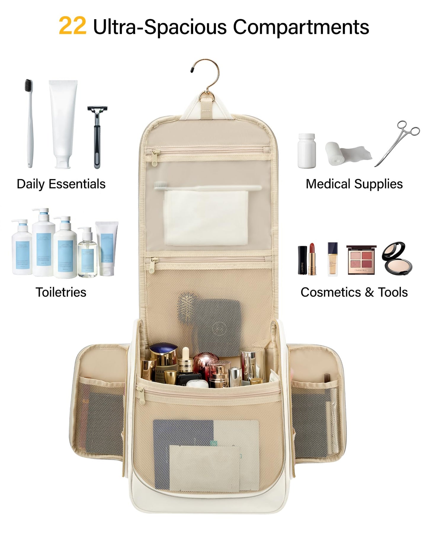 Hanke Hanging Travel Toiletry Bag for Men and Women, Water-Resistant Toiletries Bag Makeup Organizer with Hook, Cosmetic Bag for Bathroom & Travel Essentials Accessories, Off White