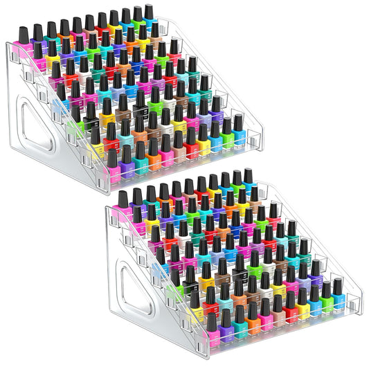 PercyEffie 2 Pack 7 Tier Oil Nail Polish Display Rack Sunglass Essential Nail Polish Organizers Acrylic Makeup Oils Ink Storage 84 Bottles Nails Polishs Large Capacity No Tool Needed Assembly Clear