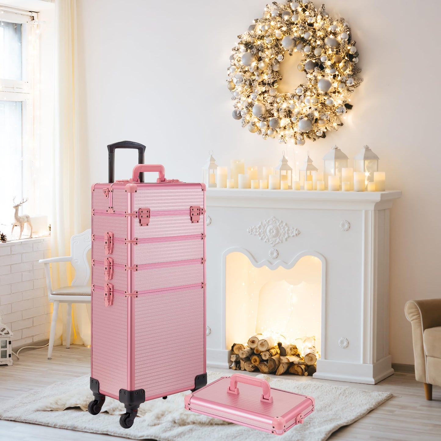 GALHUBIS Rolling Makeup Case, Makeup Train Case with Lid, 5 in 1 Cosmetology Case on Wheels, Christmas Gift, Large Makeup Case Organizers, Profesional Cosmetic Case for Salon Barber, Pink