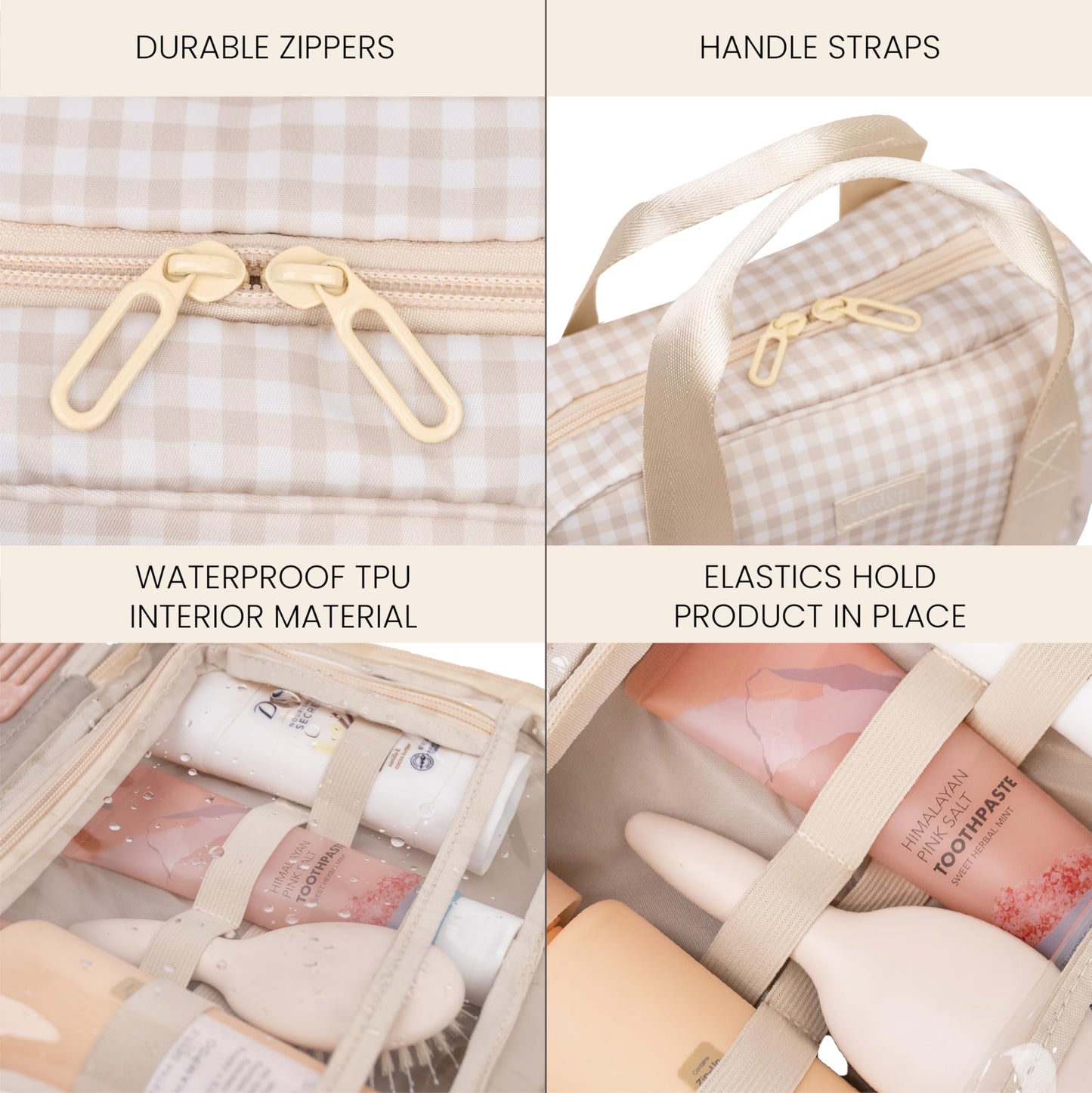 Jadyn Hanging Toiletry Bag, Expandable Toiletry Organizer for Women, Water Resistant Large Travel Cosmetic Bag for Full Size Makeup, Toiletries, Lotion, Shampoo, Accessories (Beige Gingham)