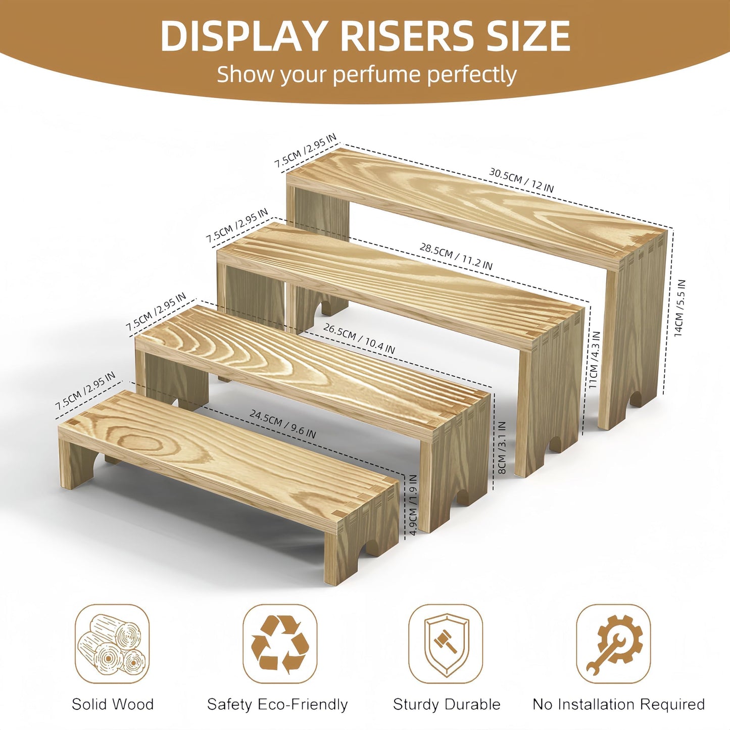 Large 4 Set wood tone Wooden Tiered Display Stands 4 Tier Stackable Pine Wood Display Risers, Suitable for Vendor Events, Cupcake Stands, cake stand Wooden Dessert Table Sets, Vendor Booth Displays,Cosmetic & Perfume Display Tools, Kitchen Spice Storage,
