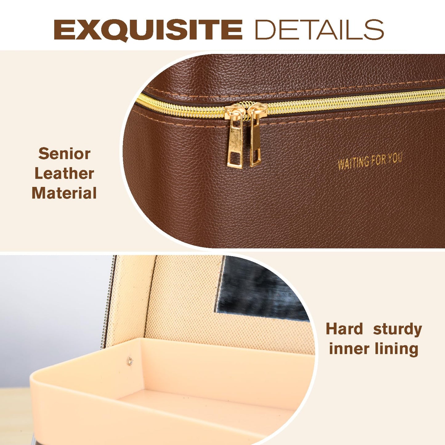 Sluxa Luxury brown makeup box, Portable leather hard cosmetic case with mirror, Sturdy train case make up box for women adults. (Double-layer-Brown)
