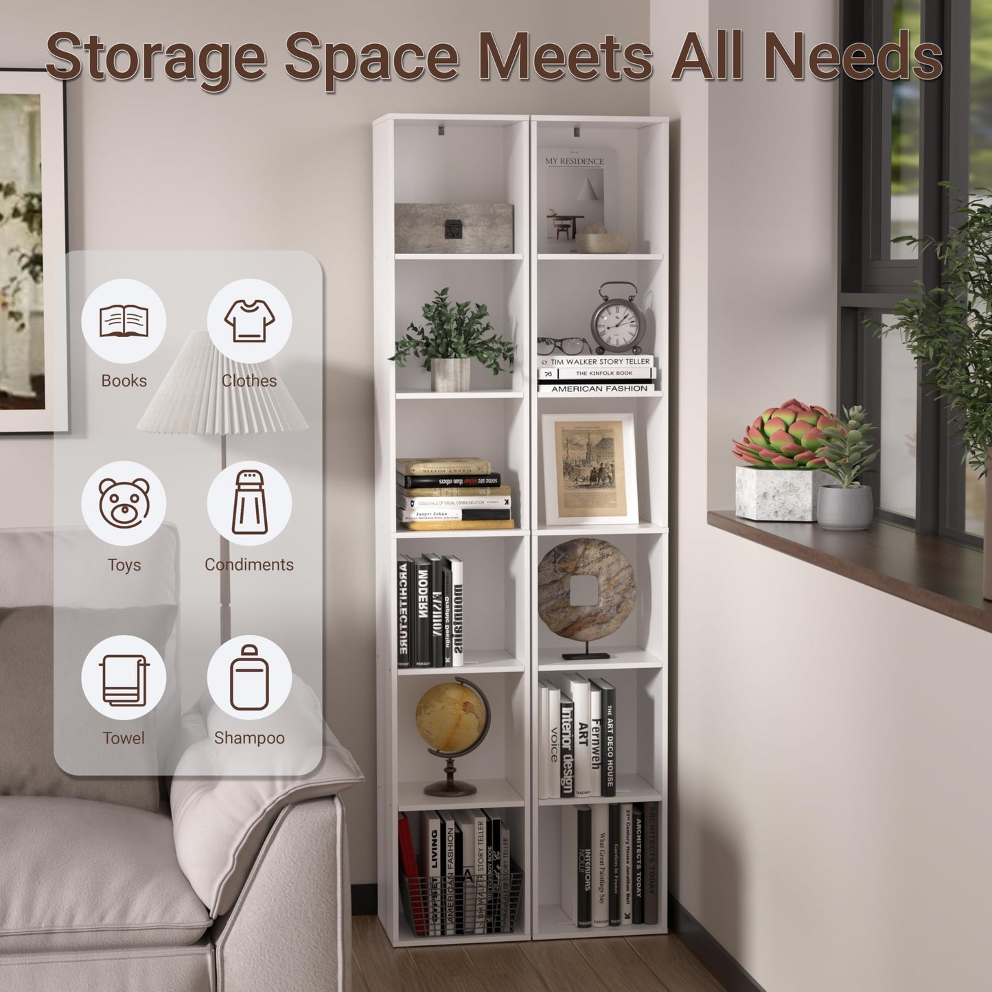NewBeth White Cube Shelf, 6 Cube Storage Organizer, 6-Tier Freestanding Low Bookshelf, Modern Cube Shelf for Living Room, Bedroom, Kids Toys, Home Office, Multi-Purpose Tall Cube Storage Furniture